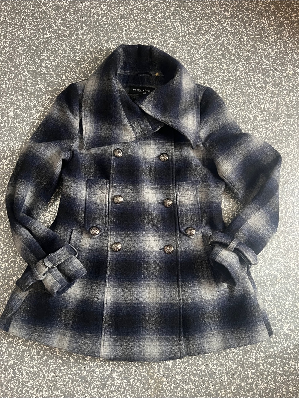 Black Rivet Navy and Gray Plaid Double-Breasted Peacoat